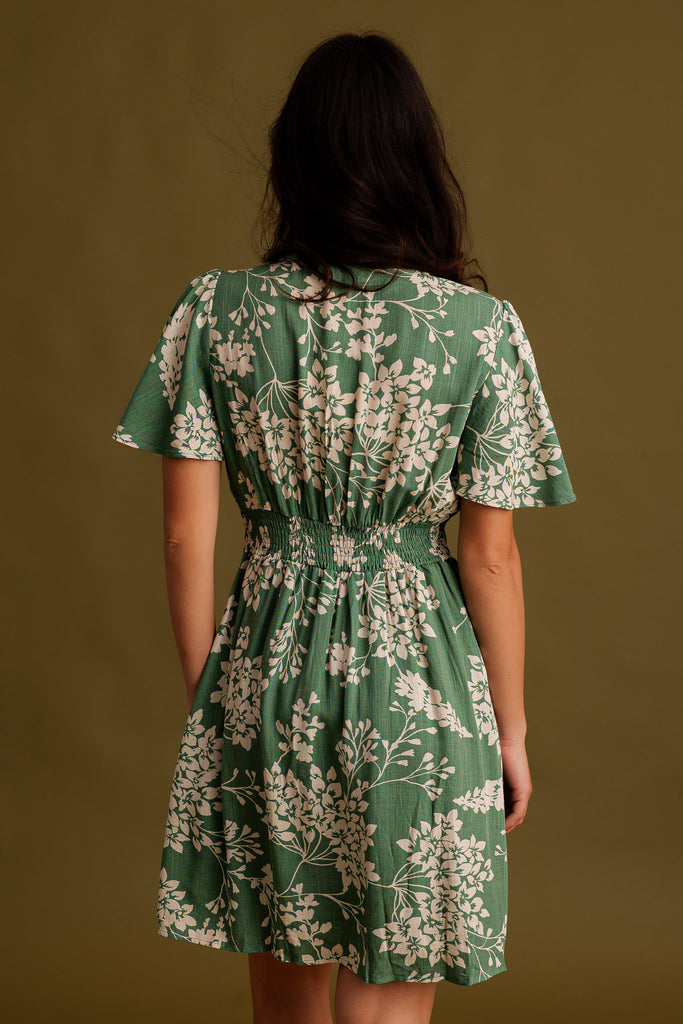 Yuzu Dress — Green floral dress, on model from back — MYFASHIONFRUIT