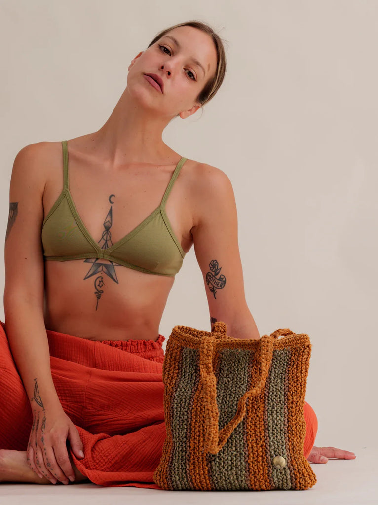 Crochet Striped Bag — Striped knit bag with button, on model — MYFASHIONFRUIT