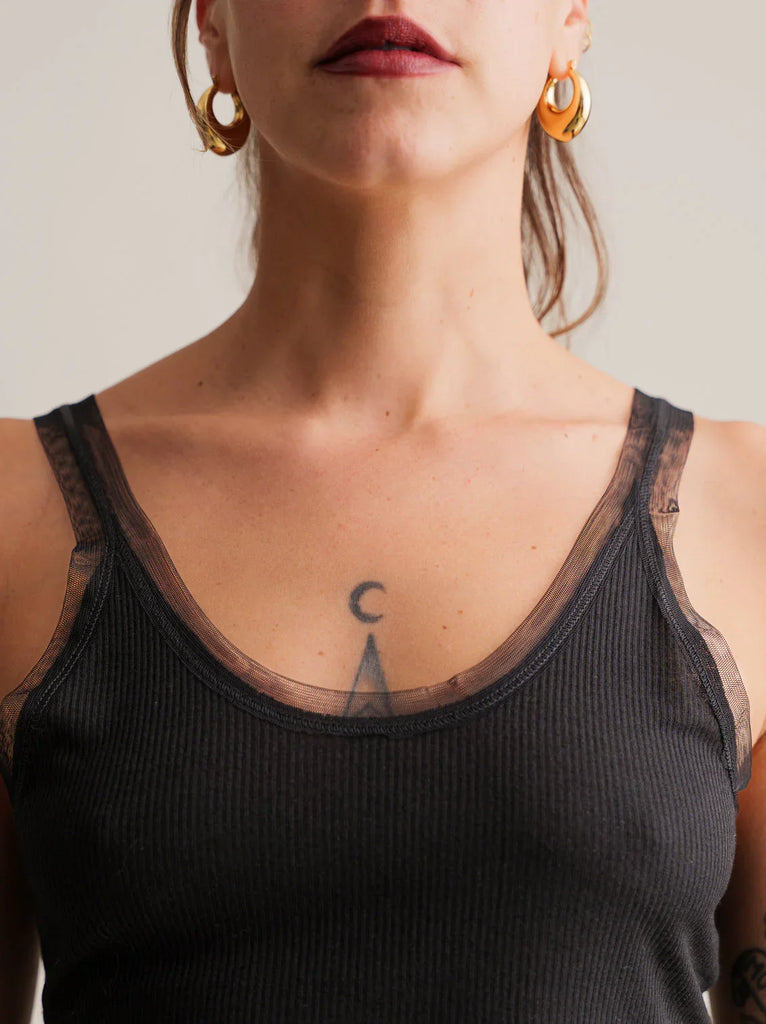 Karole Top — Detail on model, black ribbed tank with mesh trim — MYFASHIONFRUIT