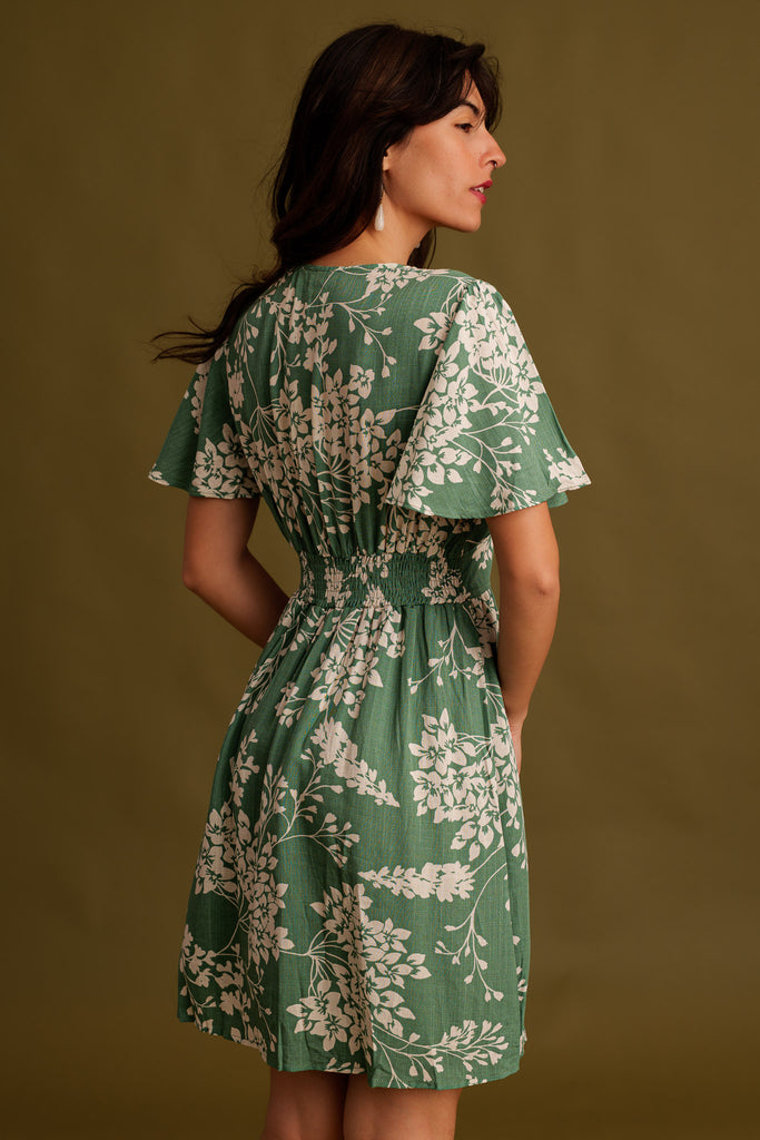 Yuzu Dress — Green floral dress, on model — MYFASHIONFRUIT