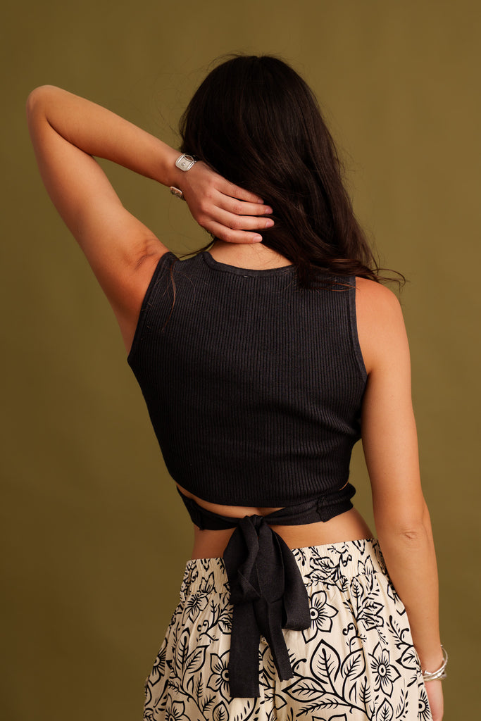 Sandria Top — Black ribbed crop top on model — MYFASHIONFRUIT