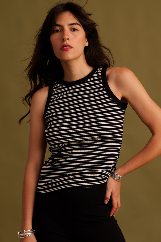 Panda Tank Top — Black & white stripes on model — MYFASHIONFRUIT