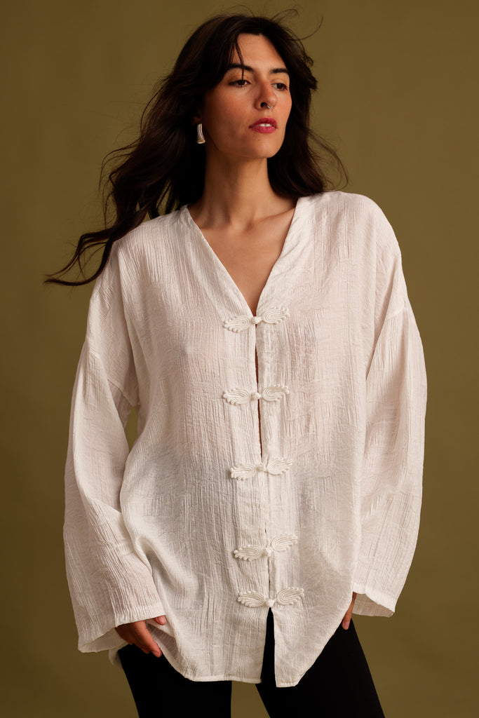 Soline Top — White linen blouse on model — MYFASHIONFRUIT