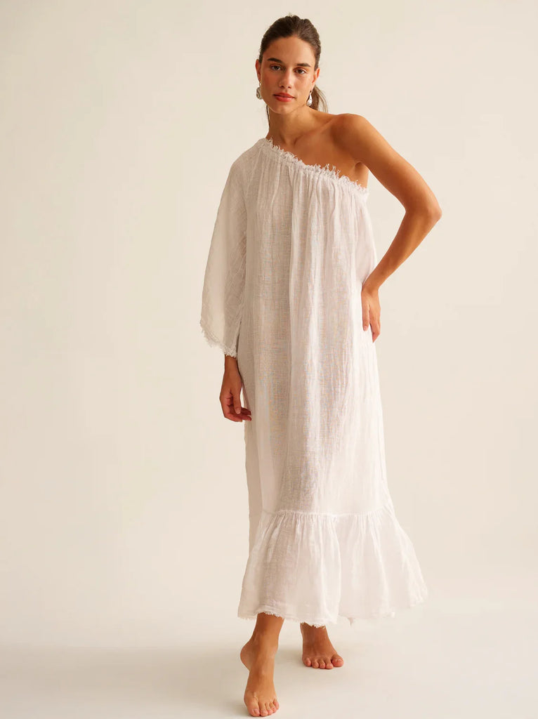 Yasmina Dress — White one shoulder maxi dress on model — MYFASHIONFRUIT