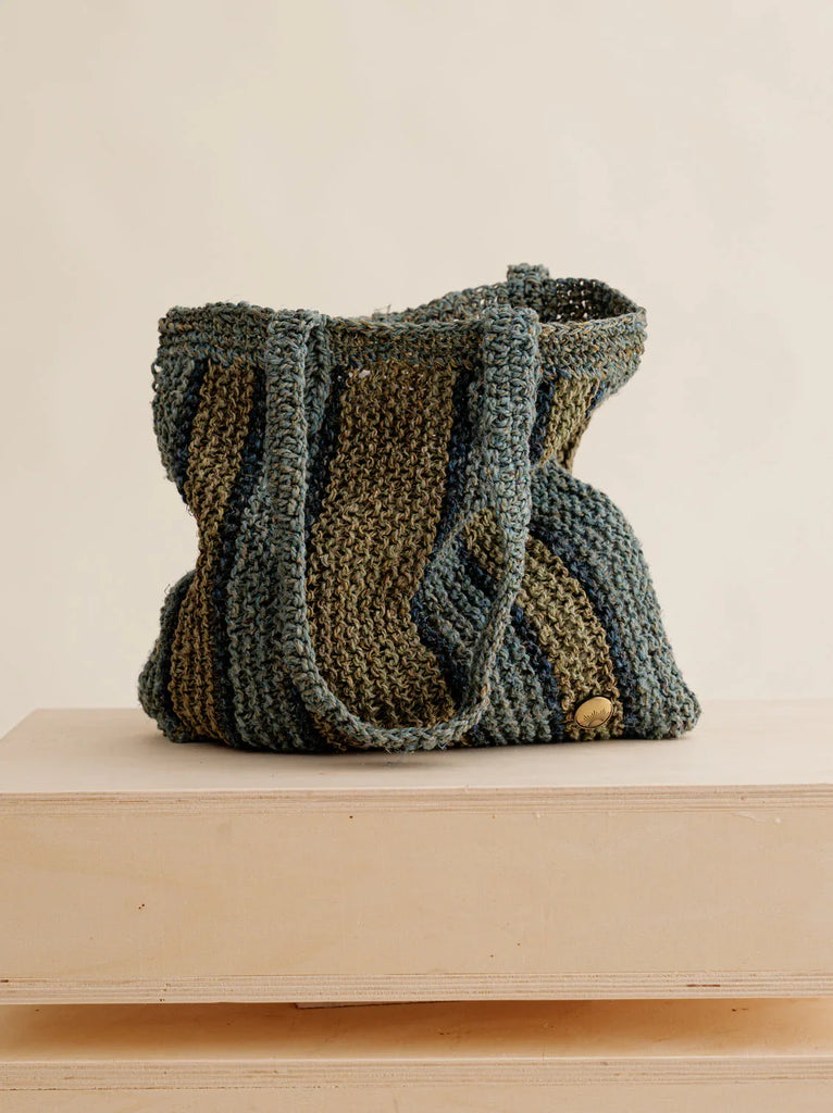 Crochet Striped Bag - Pistachio & Indigo — Knit tote bag — MYFASHIONFRUIT