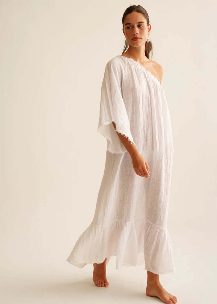 Yasmina Dress — White one-shoulder linen dress on model — MYFASHIONFRUIT