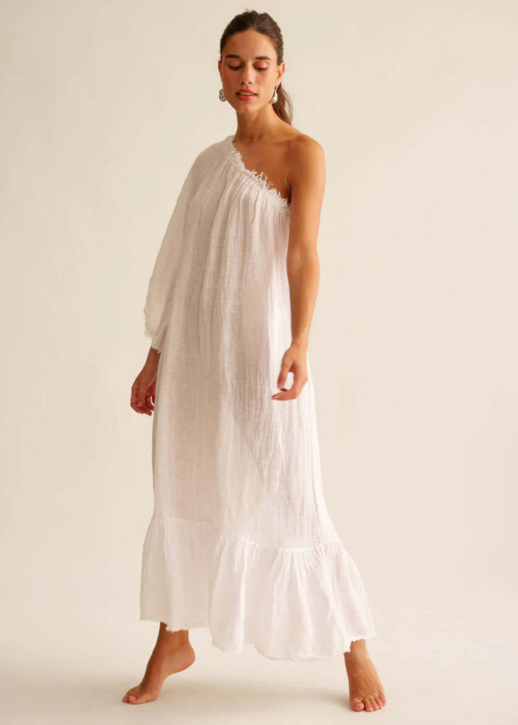 Yasmina Dress — White one-shoulder dress on model — MYFASHIONFRUIT