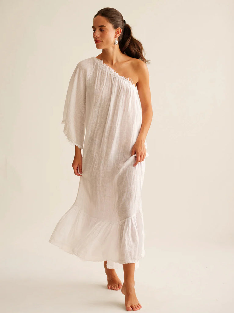 Yasmina Dress — White one-shoulder linen dress on model — MYFASHIONFRUIT