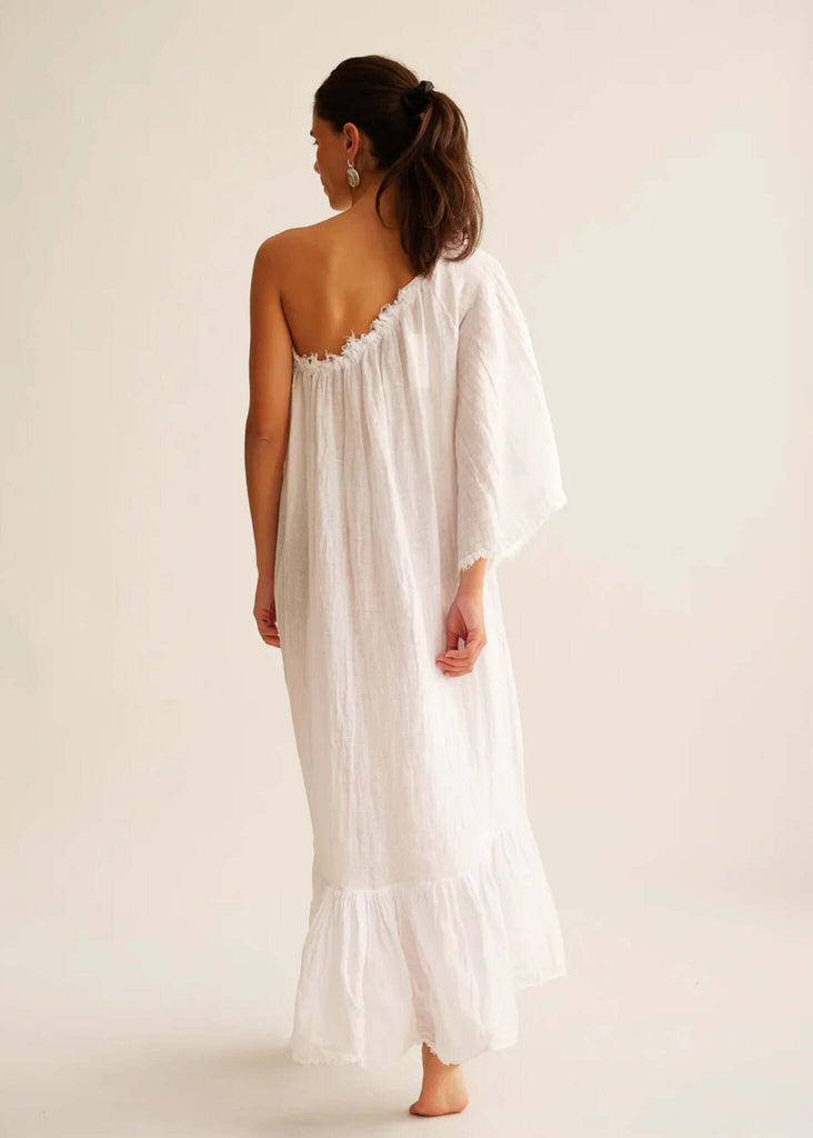 Yasmina Dress — White one-shoulder linen dress on model — MYFASHIONFRUIT