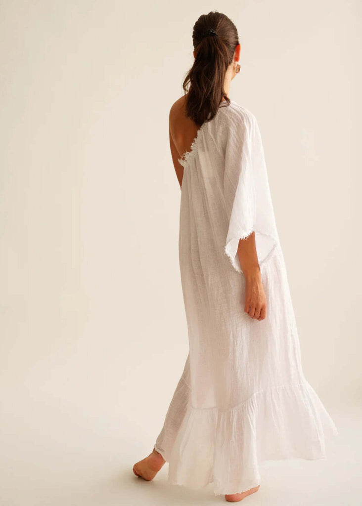 Yasmina Dress — White one-shoulder dress on model — MYFASHIONFRUIT