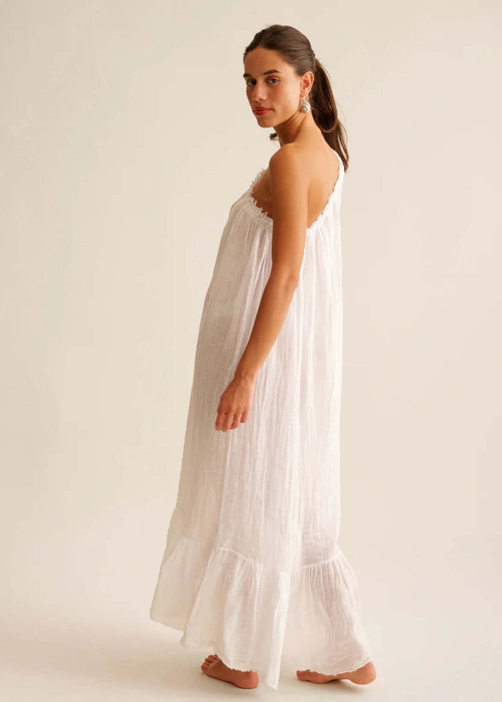 Yasmina Dress — White one-shoulder cotton dress on model — MYFASHIONFRUIT