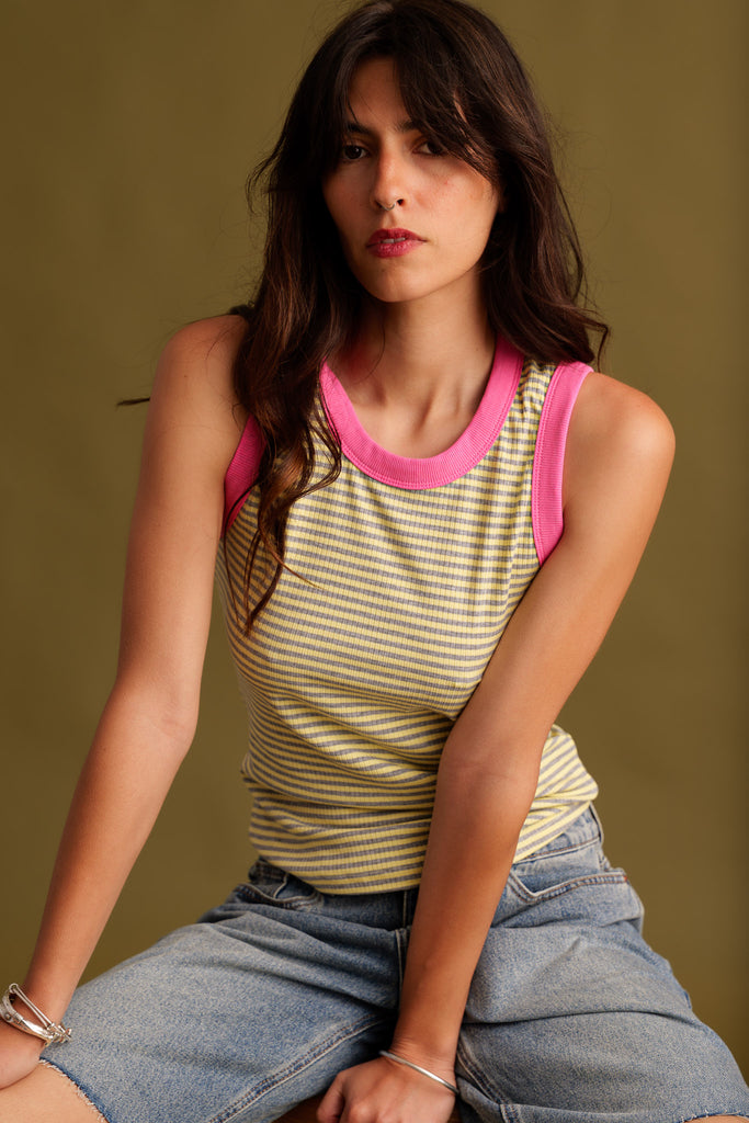 Ray Tank Top — Striped tank top with pink trim on model — MYFASHIONFRUIT