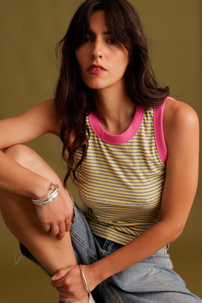 Ray Tank Top — Striped top with pink trim on model — MYFASHIONFRUIT