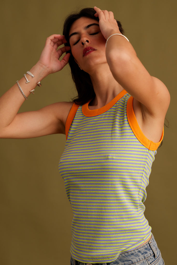 Ray Tank Top — Striped top with orange trim on model — MYFASHIONFRUIT