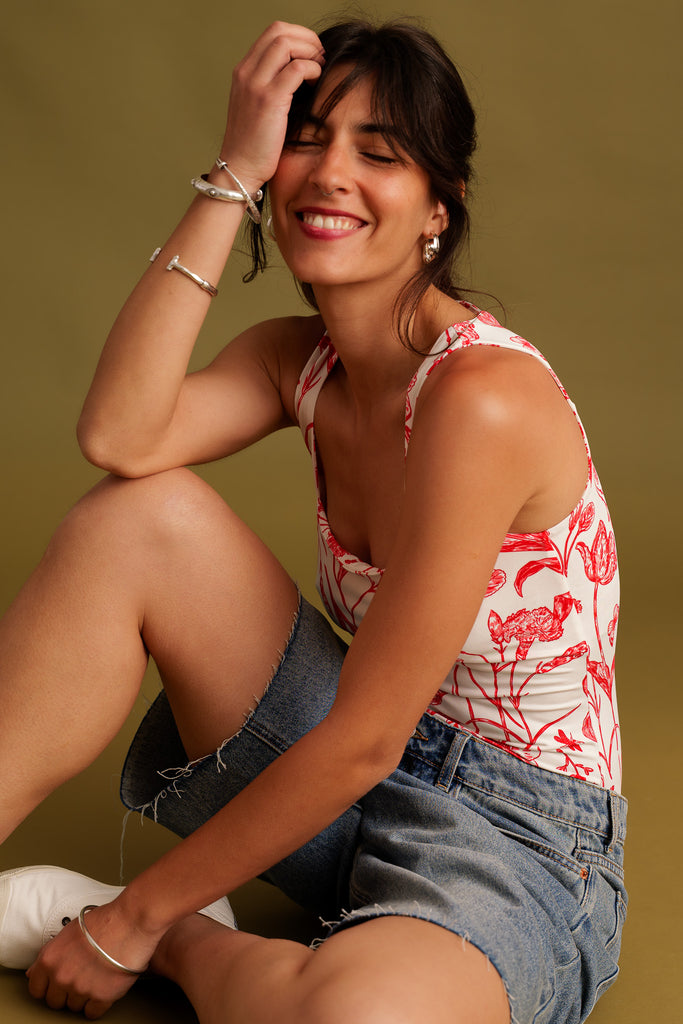 Azelle Bodysuit — on model, red floral pattern — MYFASHIONFRUIT