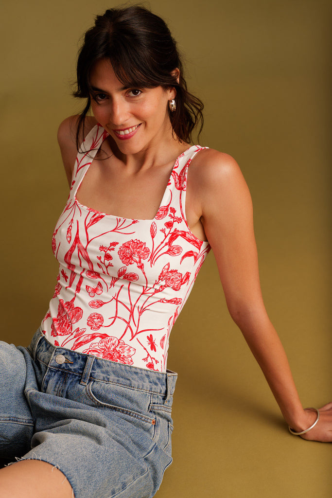 Azelle Bodysuit — Red floral bodysuit on model — MYFASHIONFRUIT