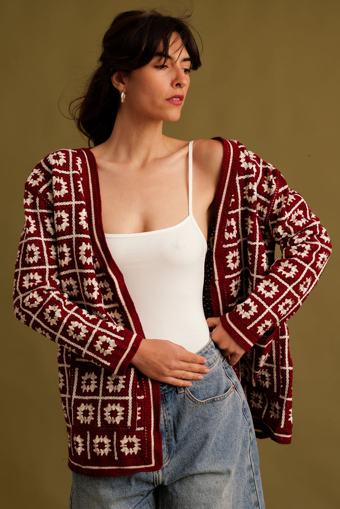 Suzon Cardigan — Crochet maroon cardigan on model — MYFASHIONFRUIT