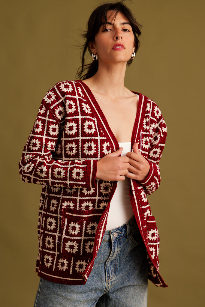Suzon Cardigan — Red crochet knit cardigan on model — MYFASHIONFRUIT