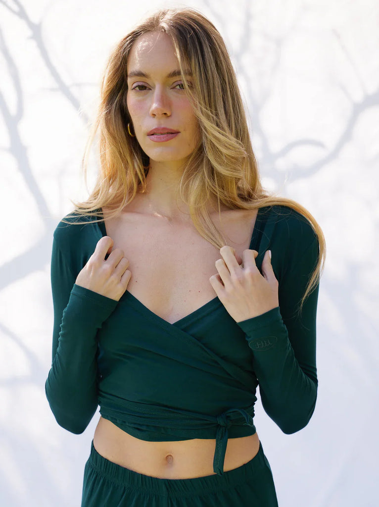 Lullaby Cardi — Dark green wrap top on model — MYFASHIONFRUIT