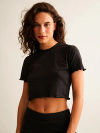 Rachel Baby Tee — Black crop top on model — MYFASHIONFRUIT