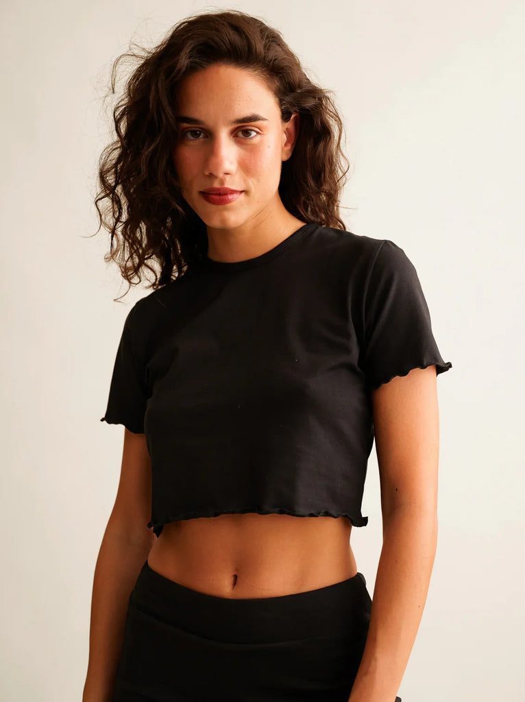 Rachel Baby Tee — Black crop top on model — MYFASHIONFRUIT