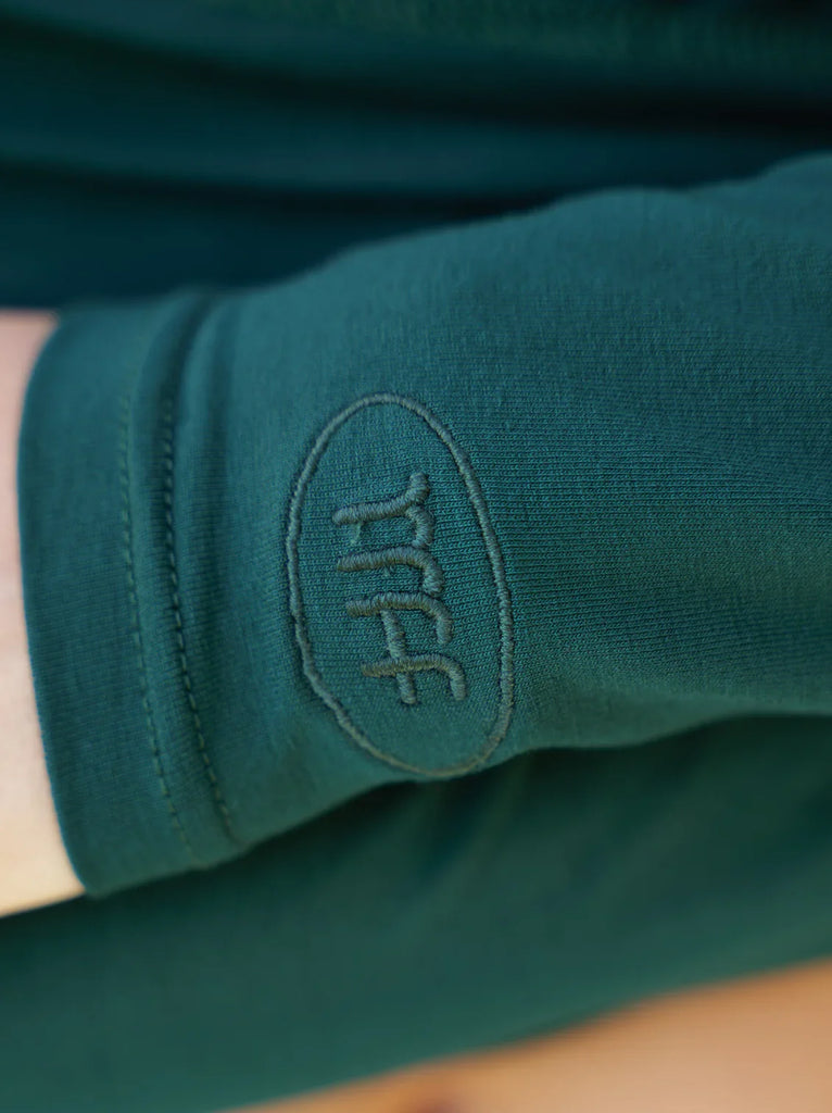 Lullaby Cardi — Sleeve detail, MFF logo, green — MYFASHIONFRUIT