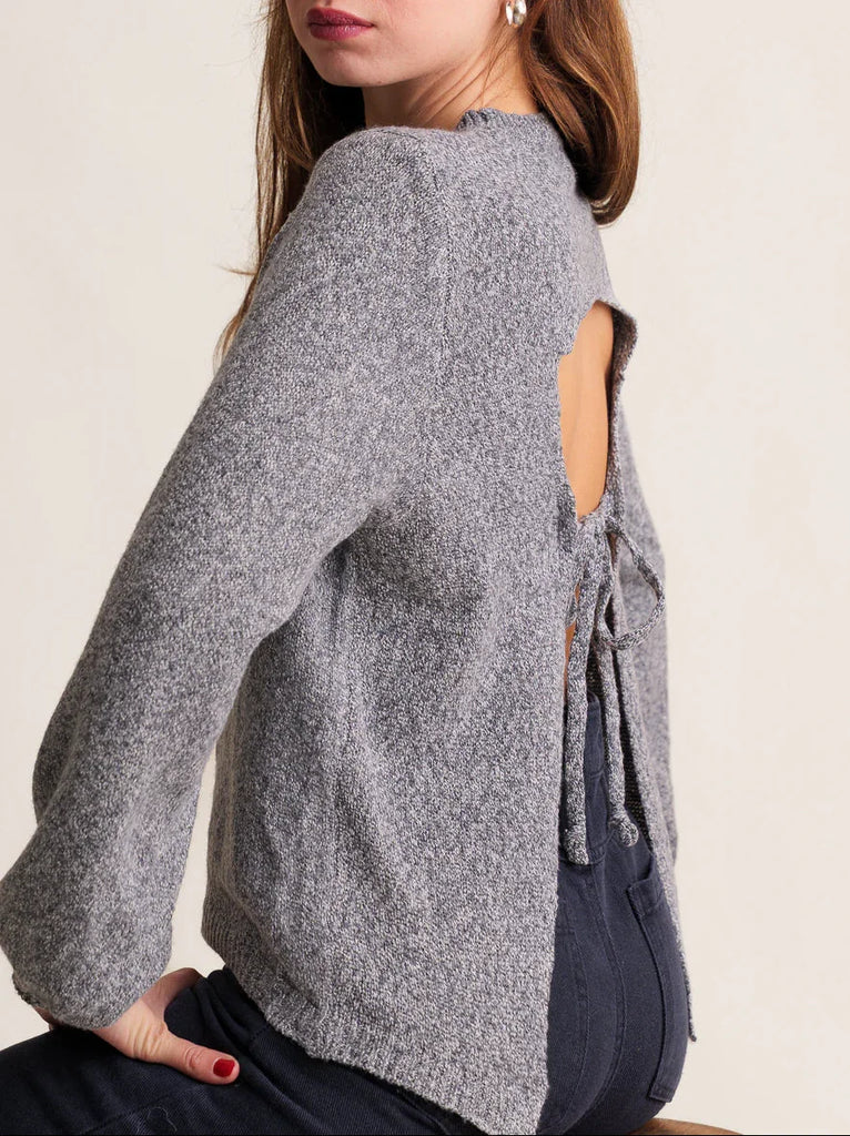 Irena Jumper — gray knit sweater with tie back detail on model — MYFASHIONFRUIT