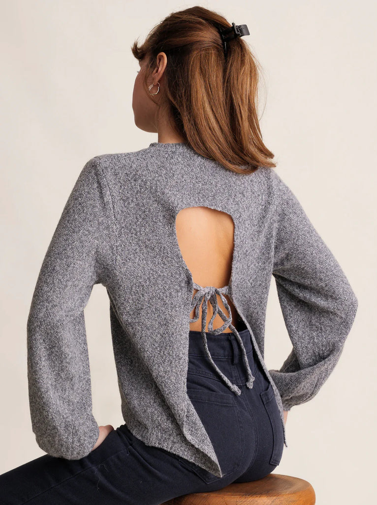Irena Jumper — Grey knit with open back on model — MYFASHIONFRUIT