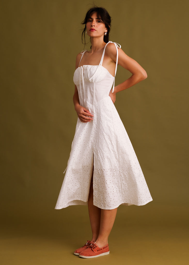 Cecelia Dress — White eyelet midi dress on model — MYFASHIONFRUIT