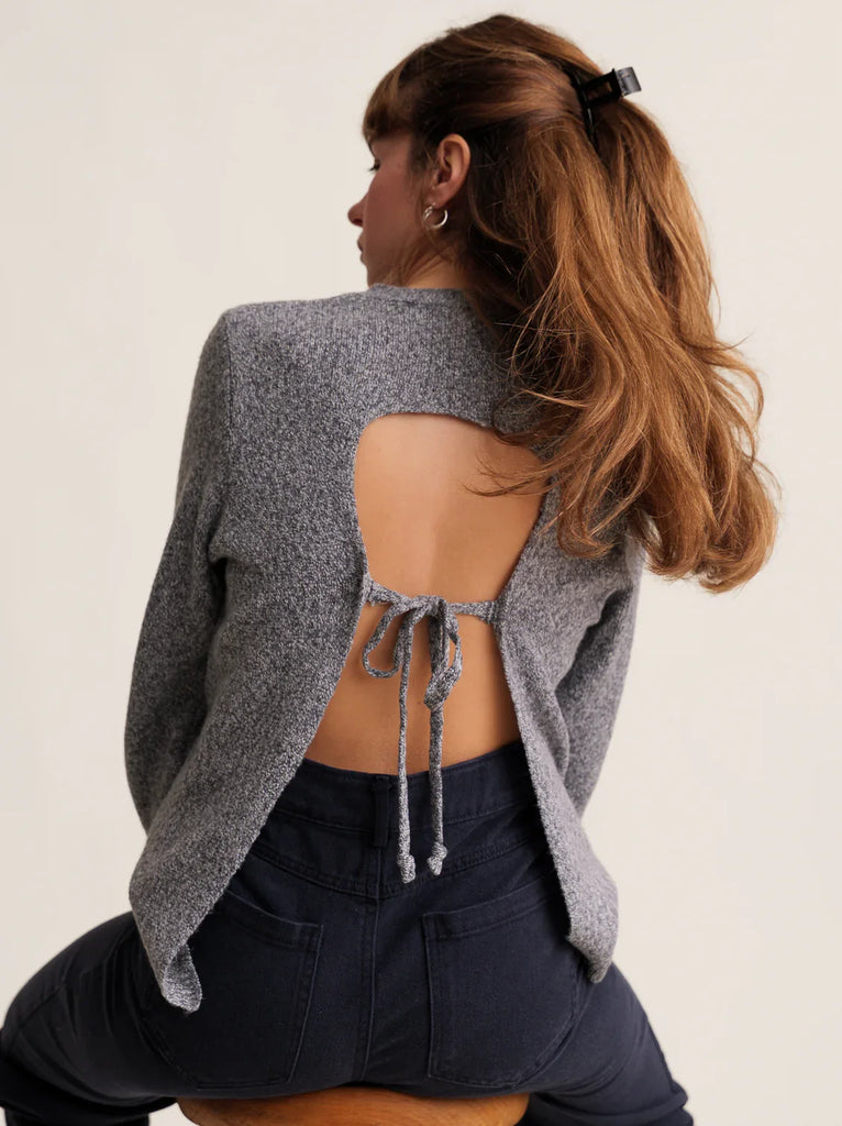 Irena Jumper — Grey knit open back on model — MYFASHIONFRUIT