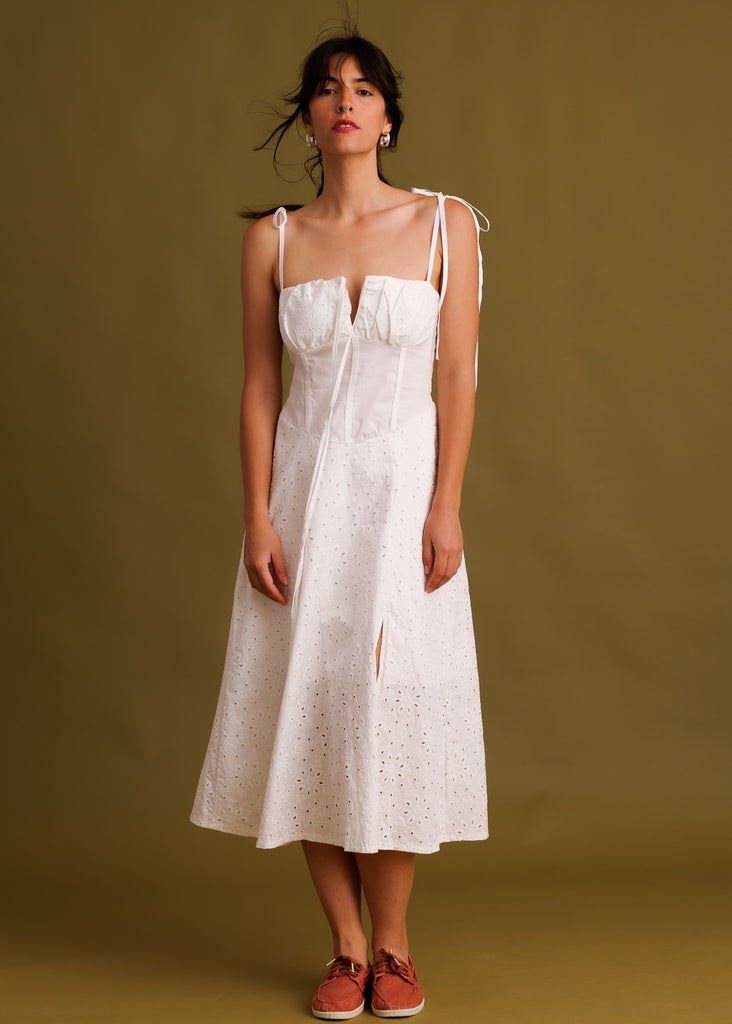 Cecelia Dress — White eyelet midi dress on model — MYFASHIONFRUIT