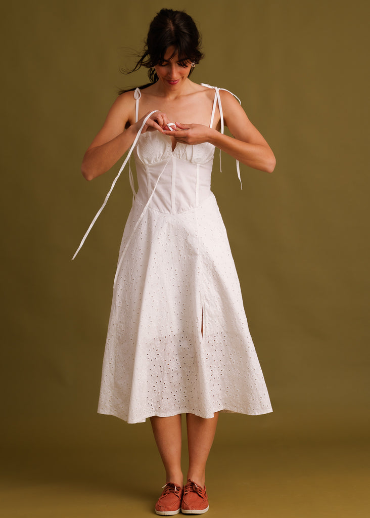 Cecelia Dress — White eyelet dress on model — MYFASHIONFRUIT