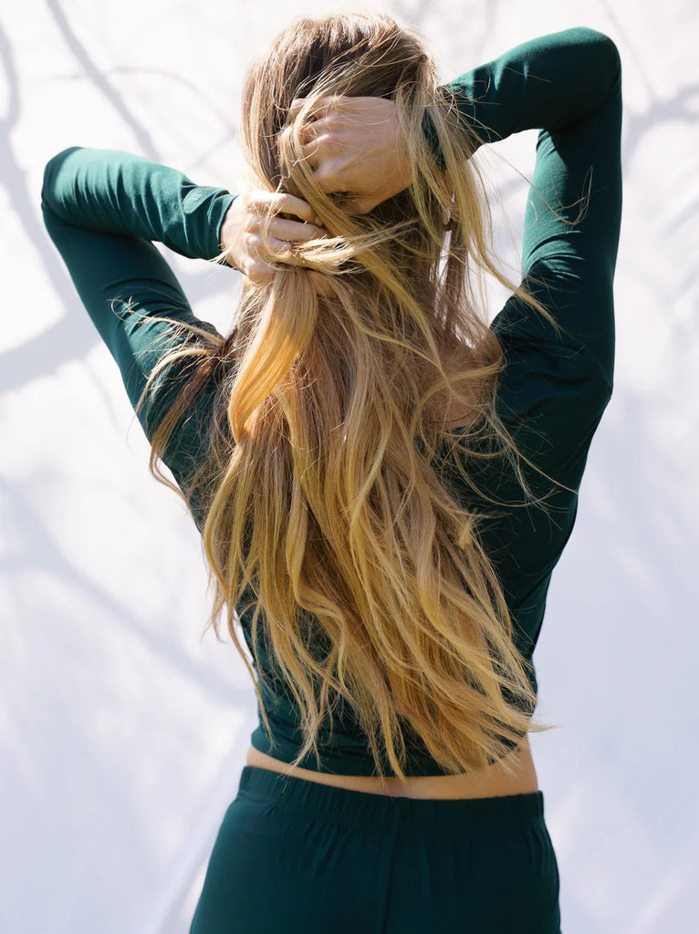 Lullaby Cardi — green set on model, back view — MYFASHIONFRUIT