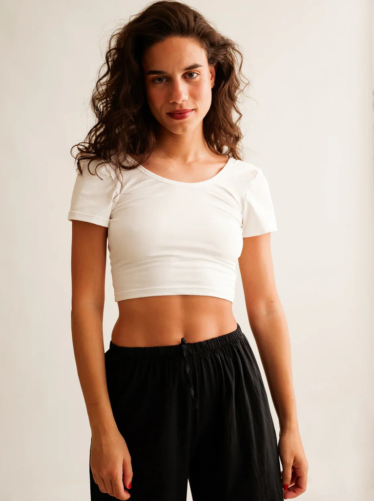 Ballerina Crop Top — White top, black pants on model — MYFASHIONFRUIT