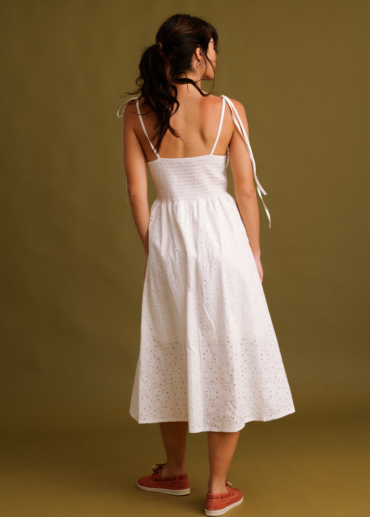 Cecelia Dress — White eyelet midi dress on model — MYFASHIONFRUIT