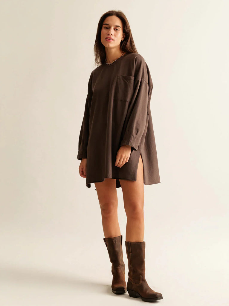 Mo Longline Top — Brown cotton top on model, with boots — MYFASHIONFRUIT