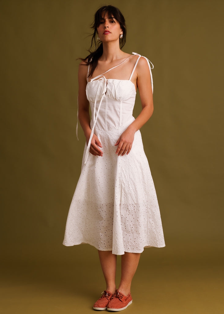 Cecelia Dress — White eyelet midi dress on model — MYFASHIONFRUIT