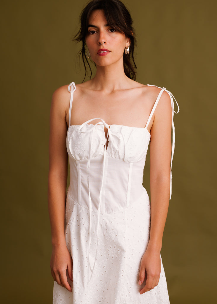 Cecelia Dress — White eyelet dress on model — MYFASHIONFRUIT