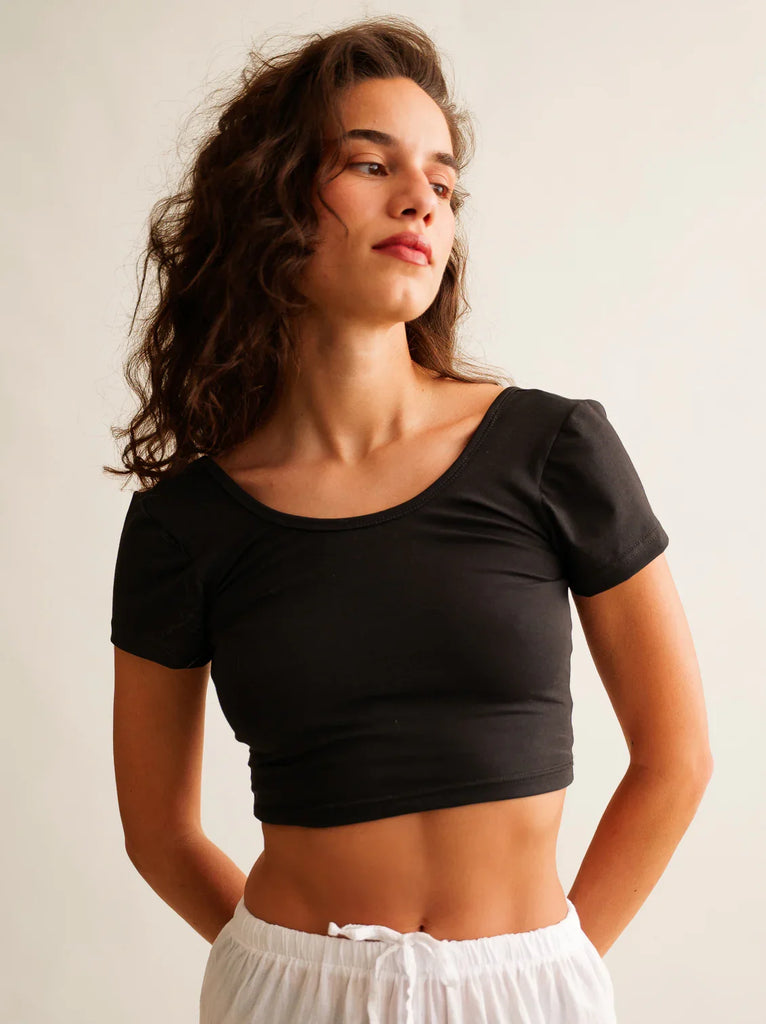 Ballerina Crop Top — Black scoop neck top on model — MYFASHIONFRUIT