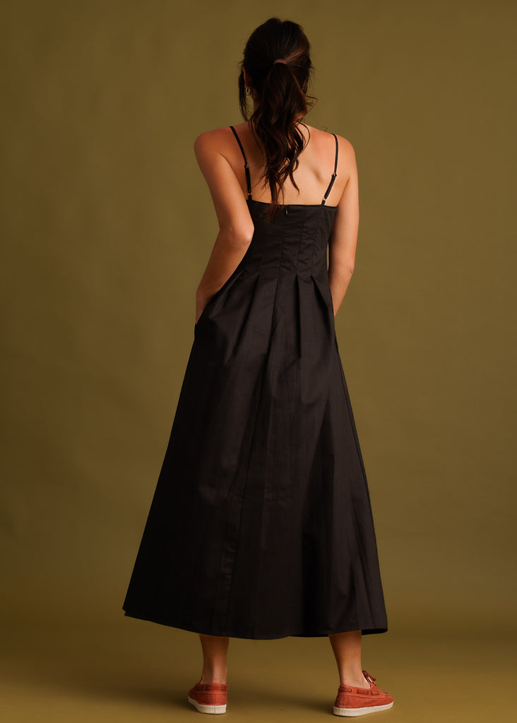 Erin Dress — Black midi dress on model, back view — MYFASHIONFRUIT