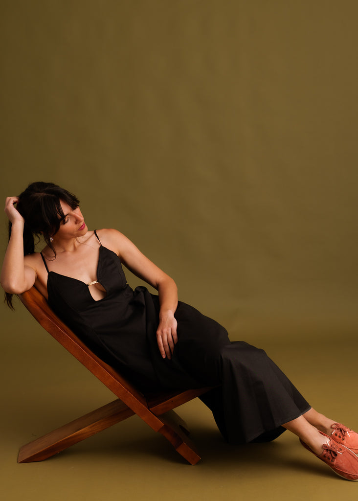Erin Dress — Black dress on model, in chair — MYFASHIONFRUIT