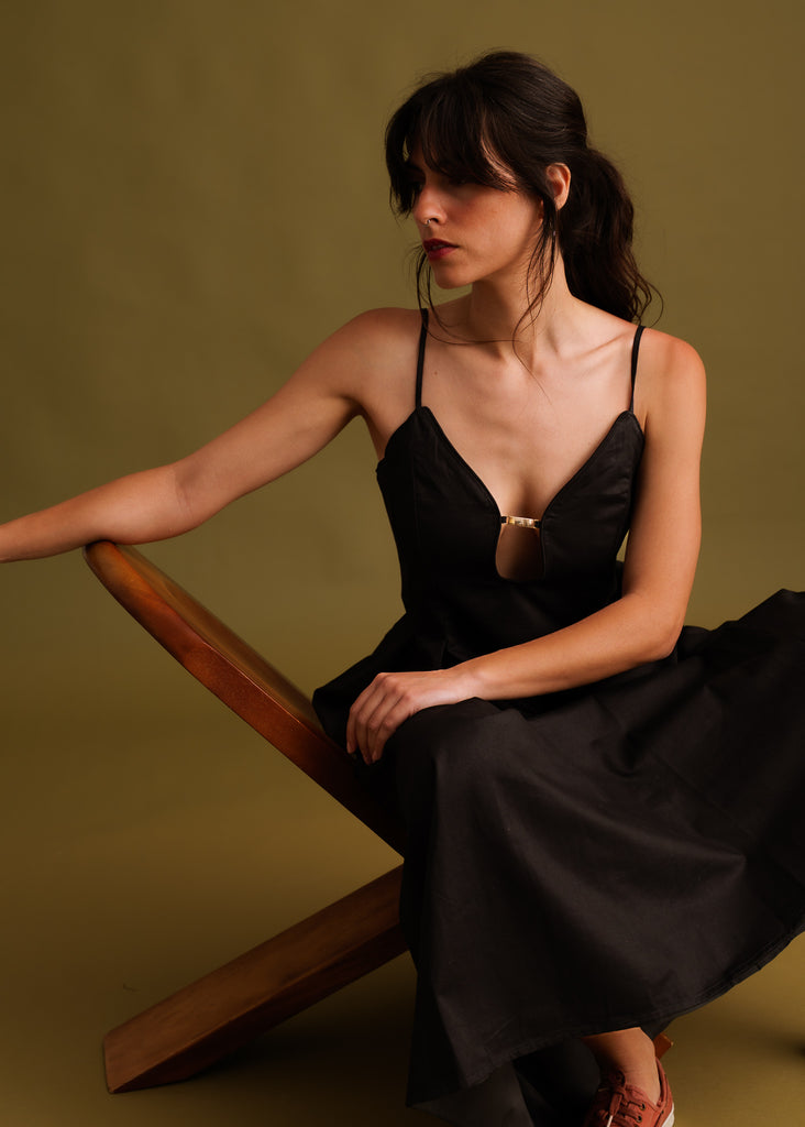 Erin Dress — Black dress on model with gold detail — MYFASHIONFRUIT