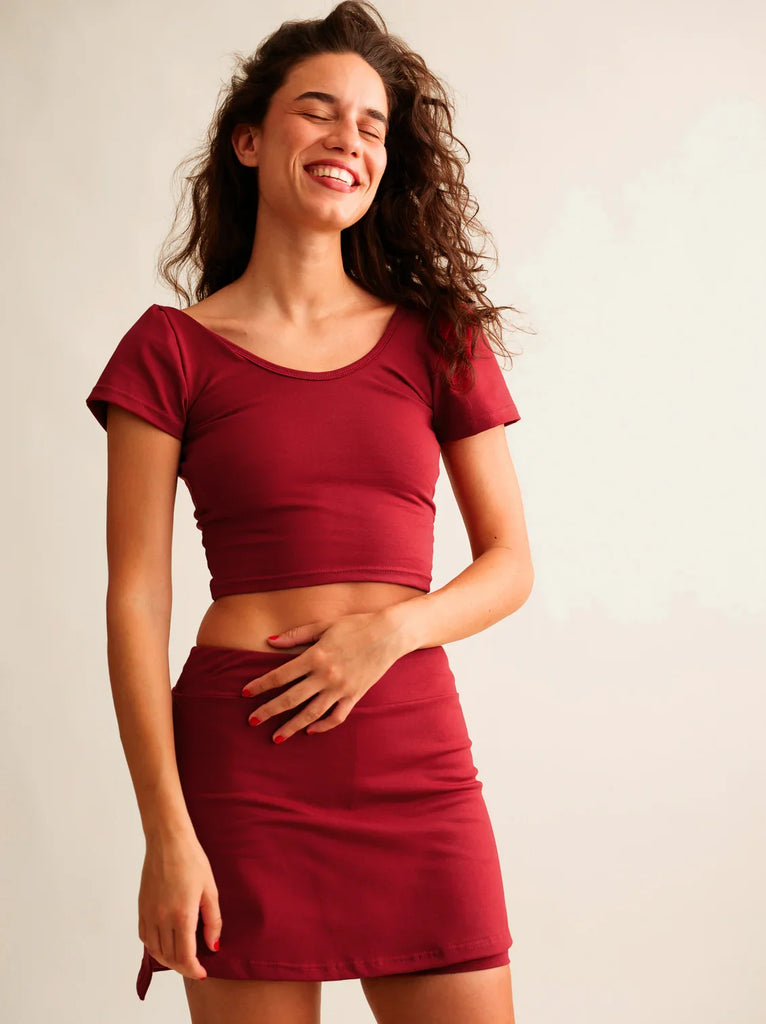 Madison Skirt — Red mini skirt with matching top on model — MYFASHIONFRUIT