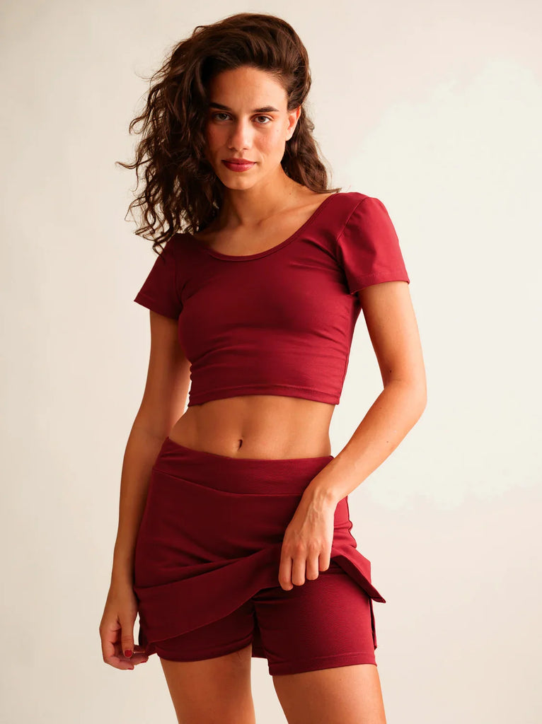 Madison Skirt — Skirt with shorts in burgundy on model — MYFASHIONFRUIT
