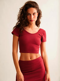 Ballerina Crop Top — Red, scoop neck top on model — MYFASHIONFRUIT