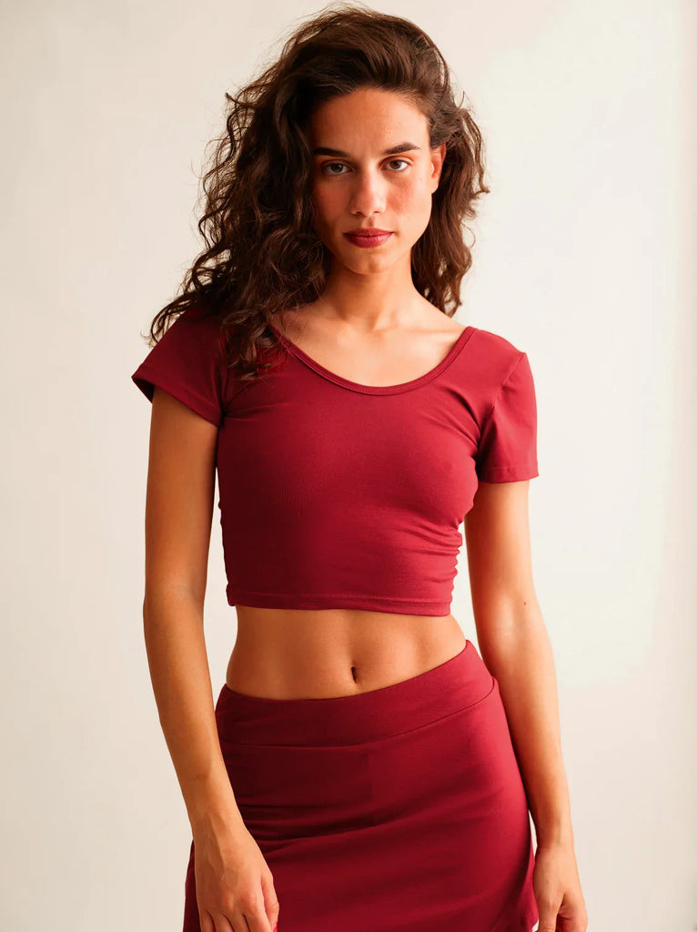 Ballerina Crop Top — Red, scoop neck top on model — MYFASHIONFRUIT