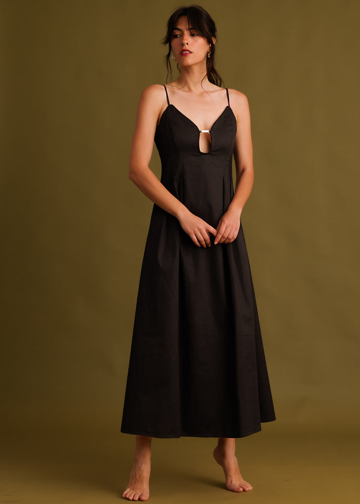 Erin Dress — Black midi dress with cutout, on model — MYFASHIONFRUIT