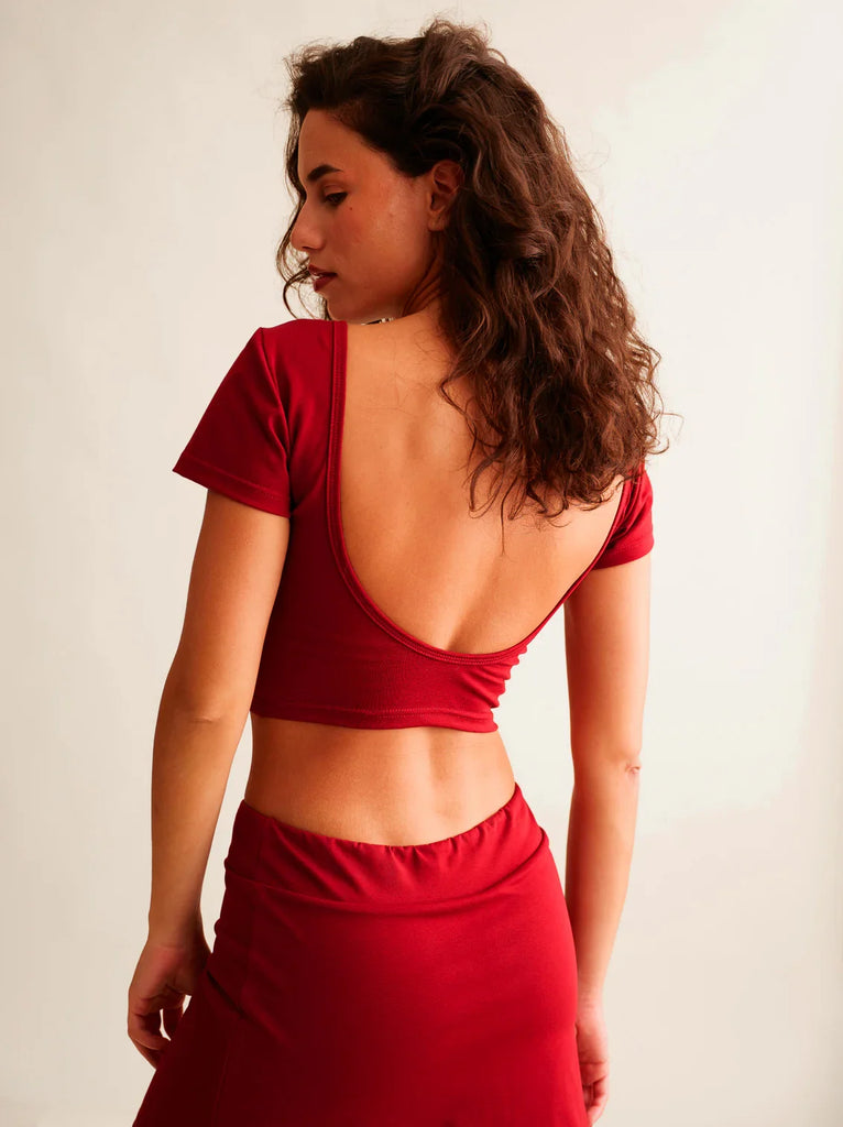 Ballerina Crop Top — red, low-back top on model — MYFASHIONFRUIT