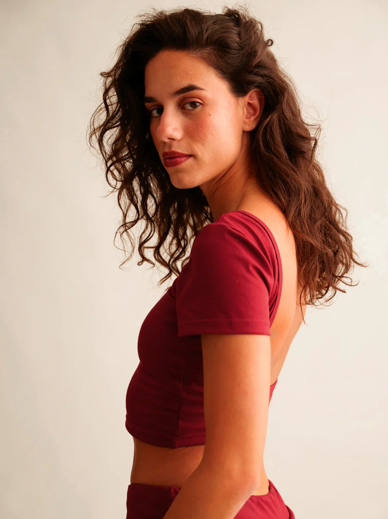 Ballerina Crop Top — Maroon, short sleeves, on model — MYFASHIONFRUIT