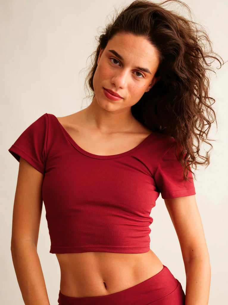 Ballerina Crop Top — Red ribbed crop top on model — MYFASHIONFRUIT